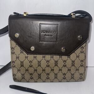 Vintage Nina Ricci Satchel Handbag Brown Leather canvas Crossbody Bag dust bag